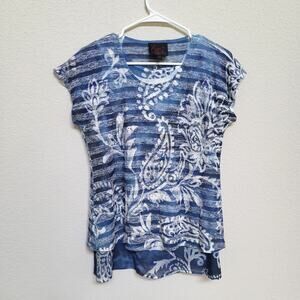 French Blue T Shirt Womens Size Petite Large Floral Stripe Short Sleeve Summer